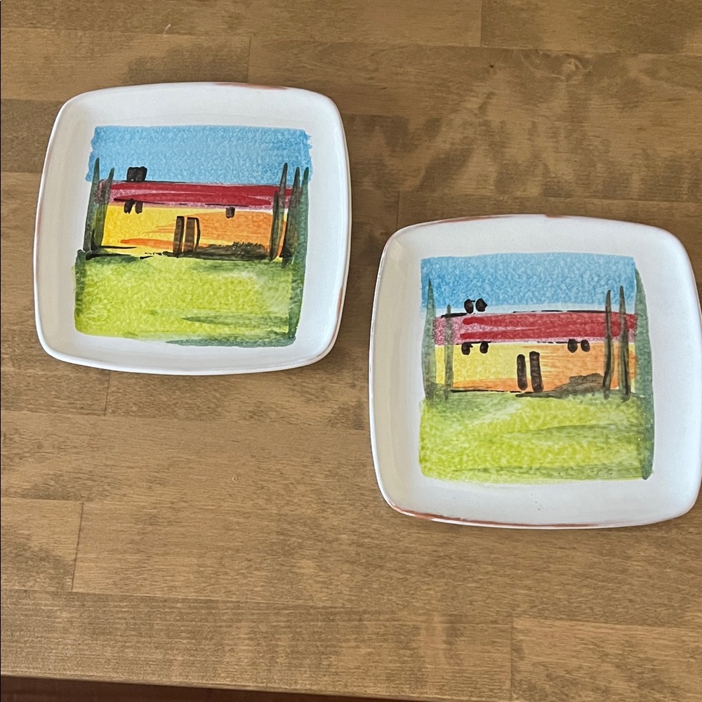Sur La Table Hand-Painted Cottage Motif Ceramic Plates 7” - Set of 2